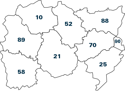 Carte Bourgogne-Franche-Comté : Aube (10) Côte D'or (21) Doubs (25) Haute-Marne (52) Nièvre (58) Haute-Saône (70) Vosges (88) Yonne (89) Territoire de Belfort (90)