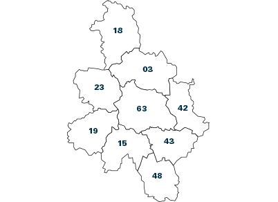 Carte Centre France : Allier (03) Cantal (15) Cher (18) Corrèze (19) Creuse (23) Loire (42) Haute-Loire (43) Lozère (48) Puy-de-Dôme (63)