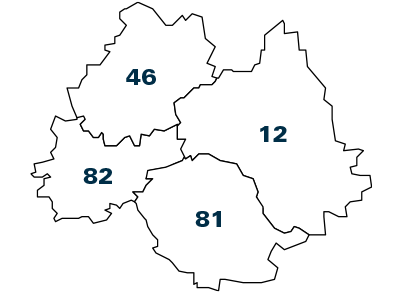 Carte Midi-Pyrénées : Aveyron (12) Lot (46) Tarn (81) Tarn-et-Garonne (82)