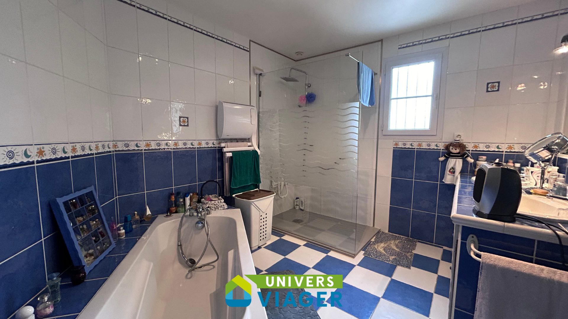 salle de bains avec douche, vasque et fenêtre