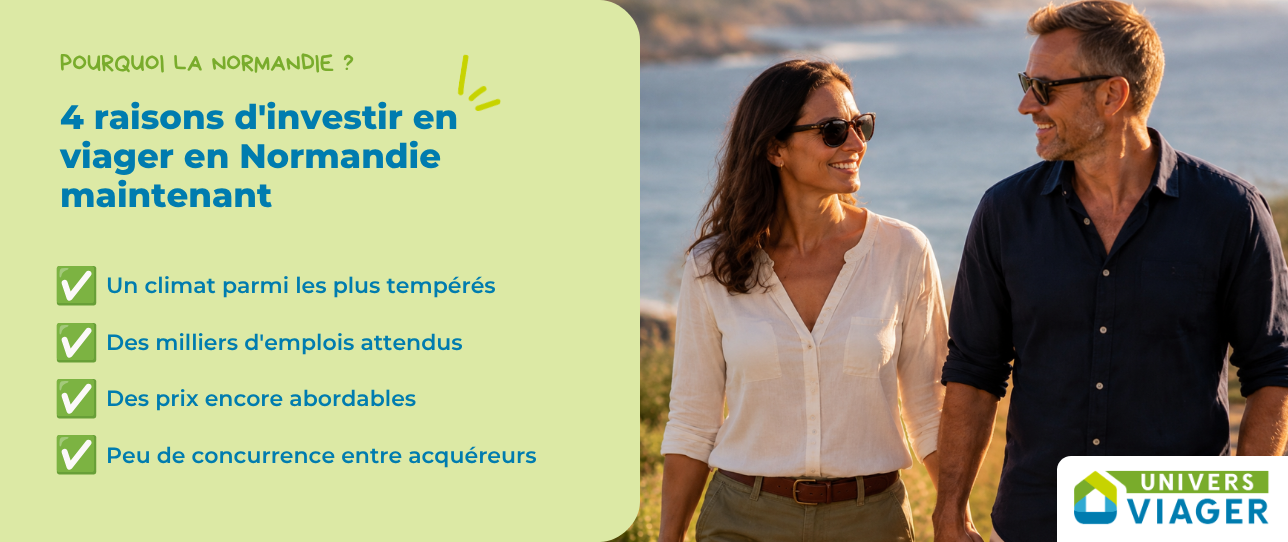 Couple sur la côte normande : 4 raisons d’investir en viager en Normandie, un climat tempéré, des milliers d’emplois attendus, des prix encore abordables et peu de concurrence