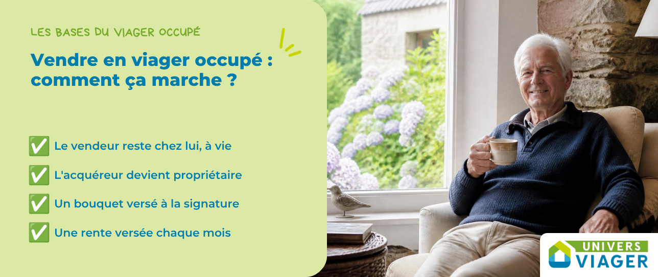 Les bases du viager occupé : le vendeur reste chez lui à vie, l’acquéreur devient propriétaire, un bouquet est versé à la signature puis une rente chaque mois